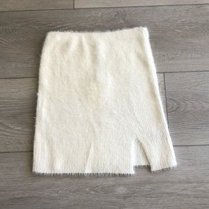 white fuzzy mini skirt with slit